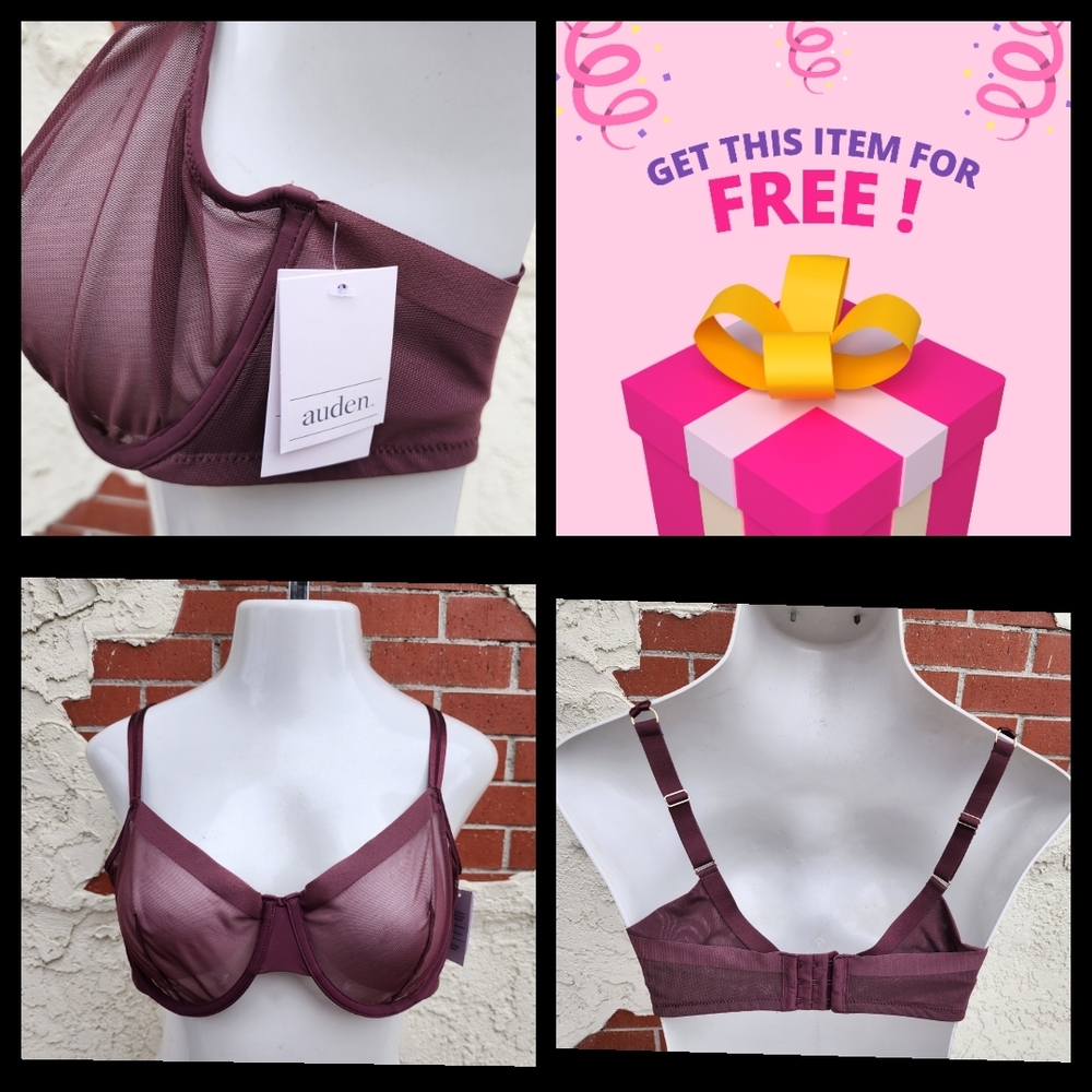 FREE ! New 38D Auden Purple Burgundy Demi Sheer Unlined Underwire Bra